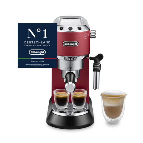 De'Longhi Dedica Duo - Perfetto Kompakte Siebträgermaschine Espressomaschine mit Soft-Touch-Icons, manuellem Milchaufschäumer für Espresso, Cappuccino und Cold Brew, 15cm breit, Metall (EC890.M)