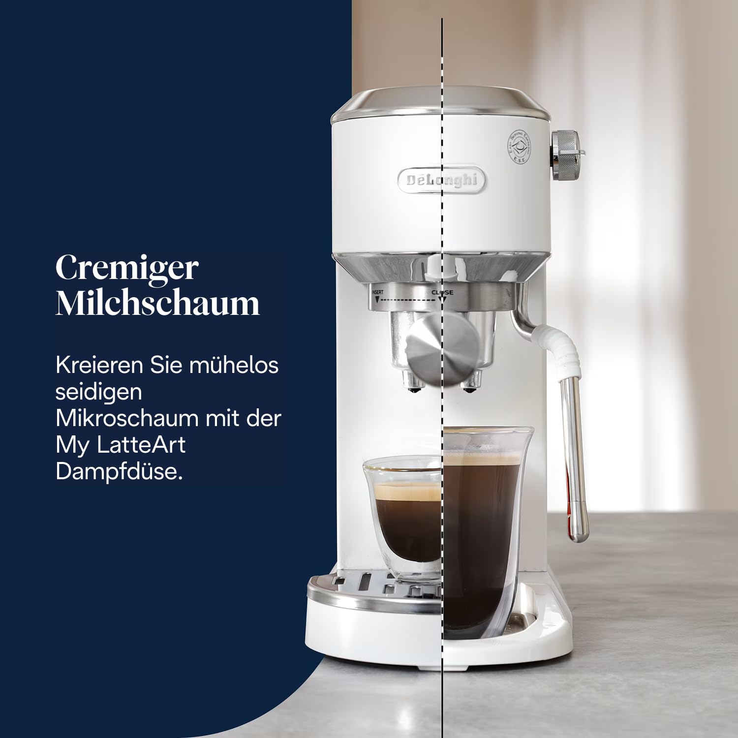 De'Longhi Dedica Duo - Perfetto Kompakte Siebträgermaschine Espressomaschine mit Soft-Touch-Icons, manuellem Milchaufschäumer für Espresso, Cappuccino und Cold Brew, 15cm breit, Metall (EC890.M)