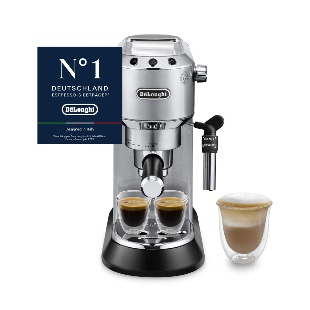 De'Longhi Dedica Duo - Perfetto Kompakte Siebträgermaschine Espressomaschine mit Soft-Touch-Icons, manuellem Milchaufschäumer für Espresso, Cappuccino und Cold Brew, 15cm breit, Metall (EC890.M)
