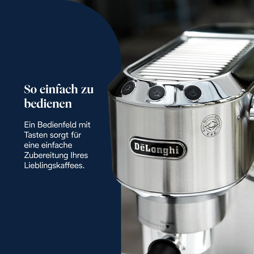 De'Longhi Dedica Duo - Perfetto Kompakte Siebträgermaschine Espressomaschine mit Soft-Touch-Icons, manuellem Milchaufschäumer für Espresso, Cappuccino und Cold Brew, 15cm breit, Metall (EC890.M)