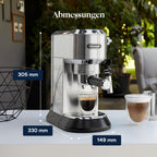 De'Longhi Dedica Duo - Perfetto Kompakte Siebträgermaschine Espressomaschine mit Soft-Touch-Icons, manuellem Milchaufschäumer für Espresso, Cappuccino und Cold Brew, 15cm breit, Metall (EC890.M)