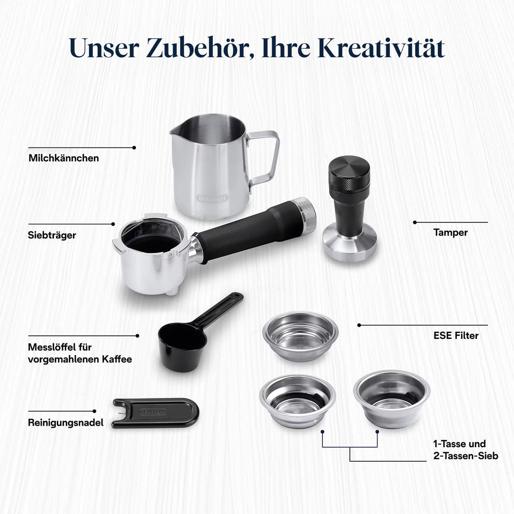 De'Longhi Dedica Duo - Perfetto Kompakte Siebträgermaschine Espressomaschine mit Soft-Touch-Icons, manuellem Milchaufschäumer für Espresso, Cappuccino und Cold Brew, 15cm breit, Metall (EC890.M)
