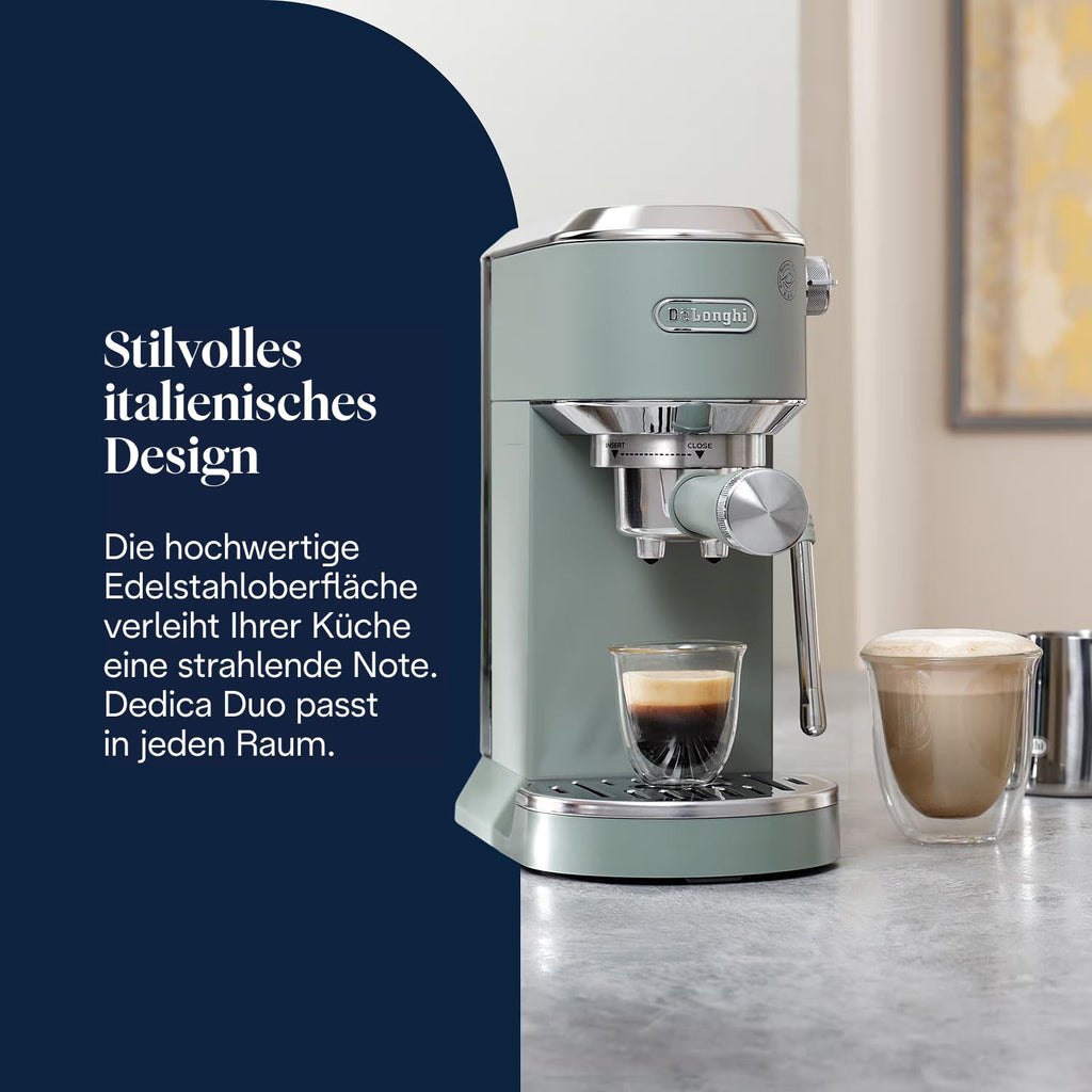 De'Longhi Dedica Duo - Perfetto Kompakte Siebträgermaschine Espressomaschine mit Soft-Touch-Icons, manuellem Milchaufschäumer für Espresso, Cappuccino und Cold Brew, 15cm breit, Metall (EC890.M)