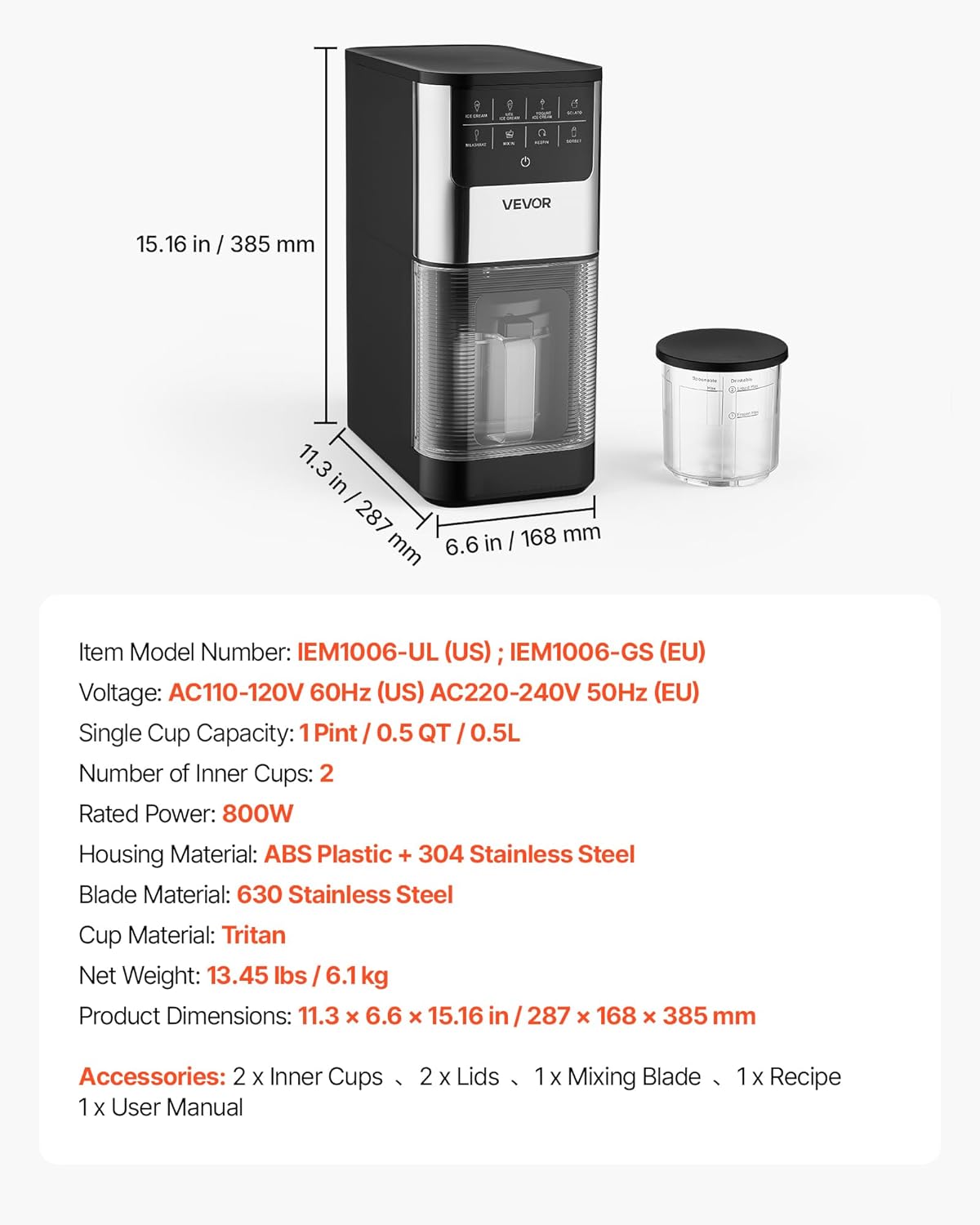 VEVOR Eismaschine, 7-in-1-Gerät für Gelato, Sorbet, Milchshake, Frozen Yogurt & Light-Eiscreme, Hausgemachte Eismaschine mit Ein-Knopf-Funktion zum Einrühren und Nachdrehen, Glatte Cremige Textur