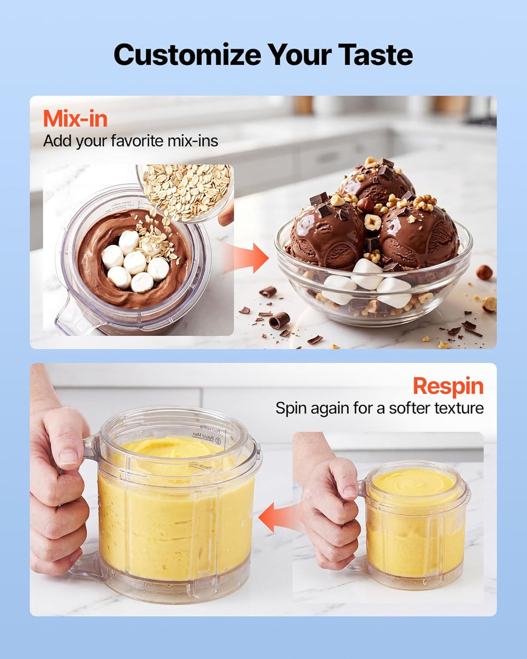 VEVOR Eismaschine, 7-in-1-Gerät für Gelato, Sorbet, Milchshake, Frozen Yogurt & Light-Eiscreme, Hausgemachte Eismaschine mit Ein-Knopf-Funktion zum Einrühren und Nachdrehen, Glatte Cremige Textur