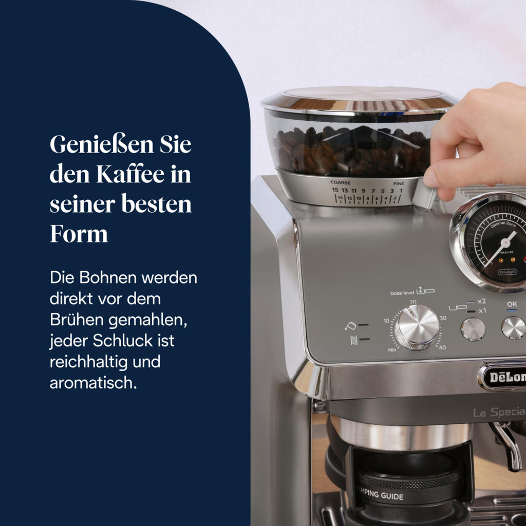 De'Longhi Siebträgermaschine La Specialista Arte EC9155.MB, Espressomaschine mit Mahlwerk, 8 Mahlgrade, 15 Bar, 3 Temperaturen, Milchschaumdüse, 1550W, 1,7L Tank, Edelstahl/Schwarz inkl. Barista-Kit