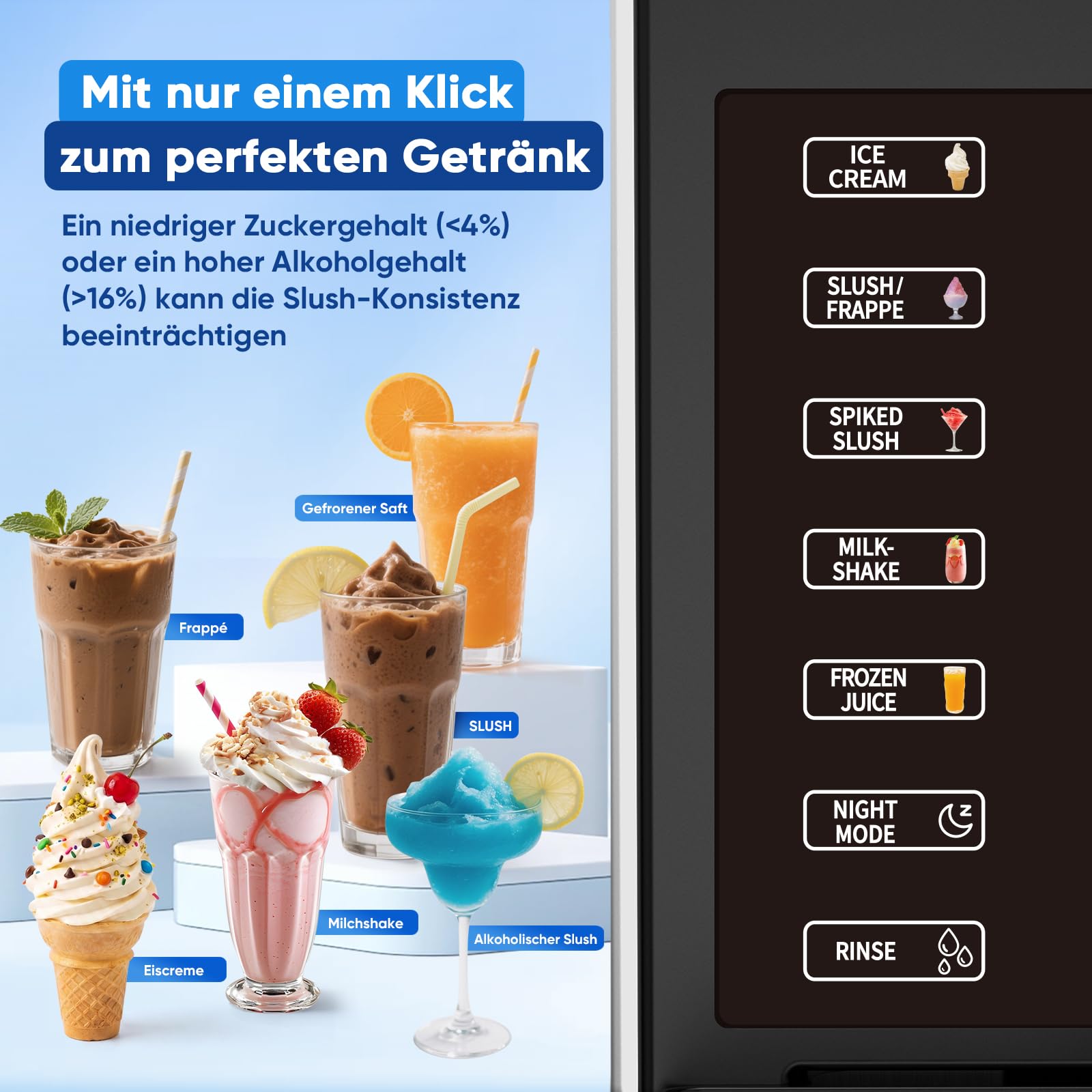 Slush Maschine – 2,5 L Eismaschine & Slushie Maschine für Zuhause, mit LED-Display, 6 voreingestellten Programmen für Eiscreme, Frappés, Milchshakes, automatischer Reinigung