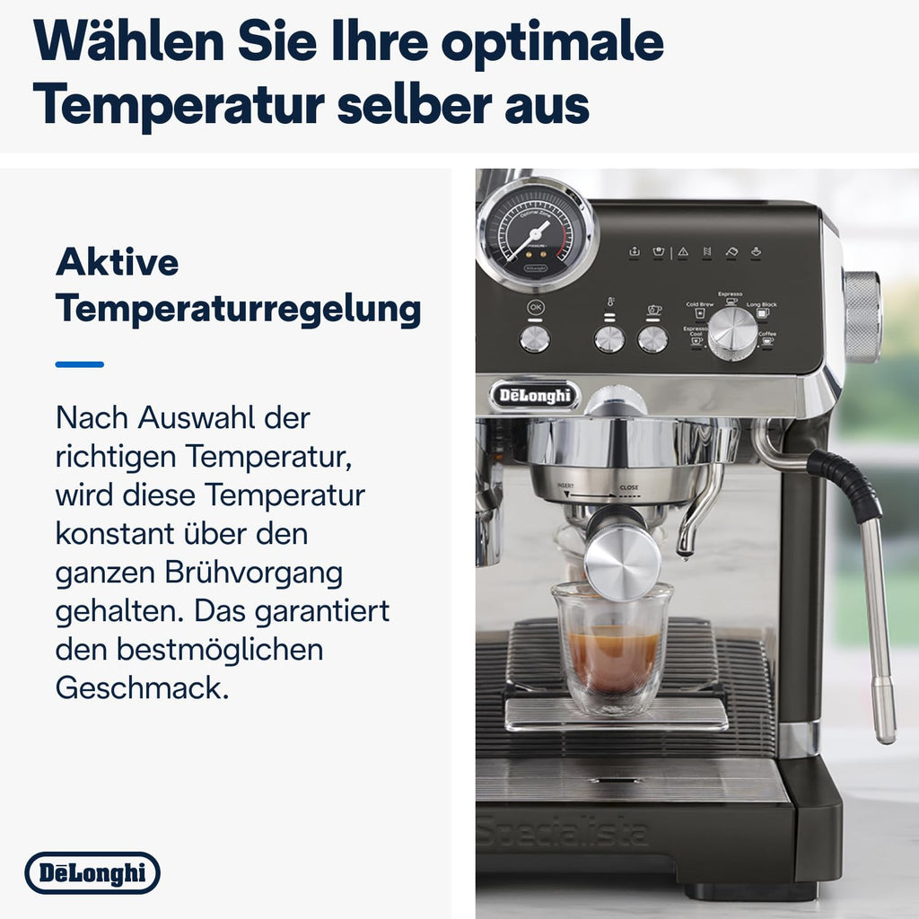De'Longhi Siebträgermaschine La Specialista Arte EC9155.MB, Espressomaschine mit Mahlwerk, 8 Mahlgrade, 15 Bar, 3 Temperaturen, Milchschaumdüse, 1550W, 1,7L Tank, Edelstahl/Schwarz inkl. Barista-Kit