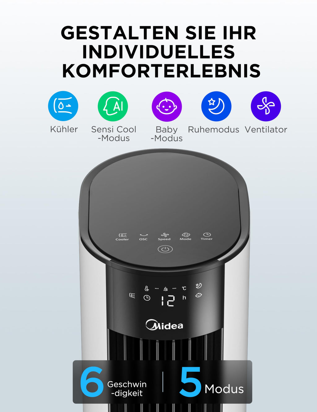 Midea MCF23XRB(WH) Luftkühler, Klimaanlage mobil, 2000m³/h Luftstrom, Sensicool Smart Temp, Ionisator, 6 Geschwindigkeiten, 5 Modi, 12-Stunden-Timer, Touch-Display, 7L Wassertank, Weiß
