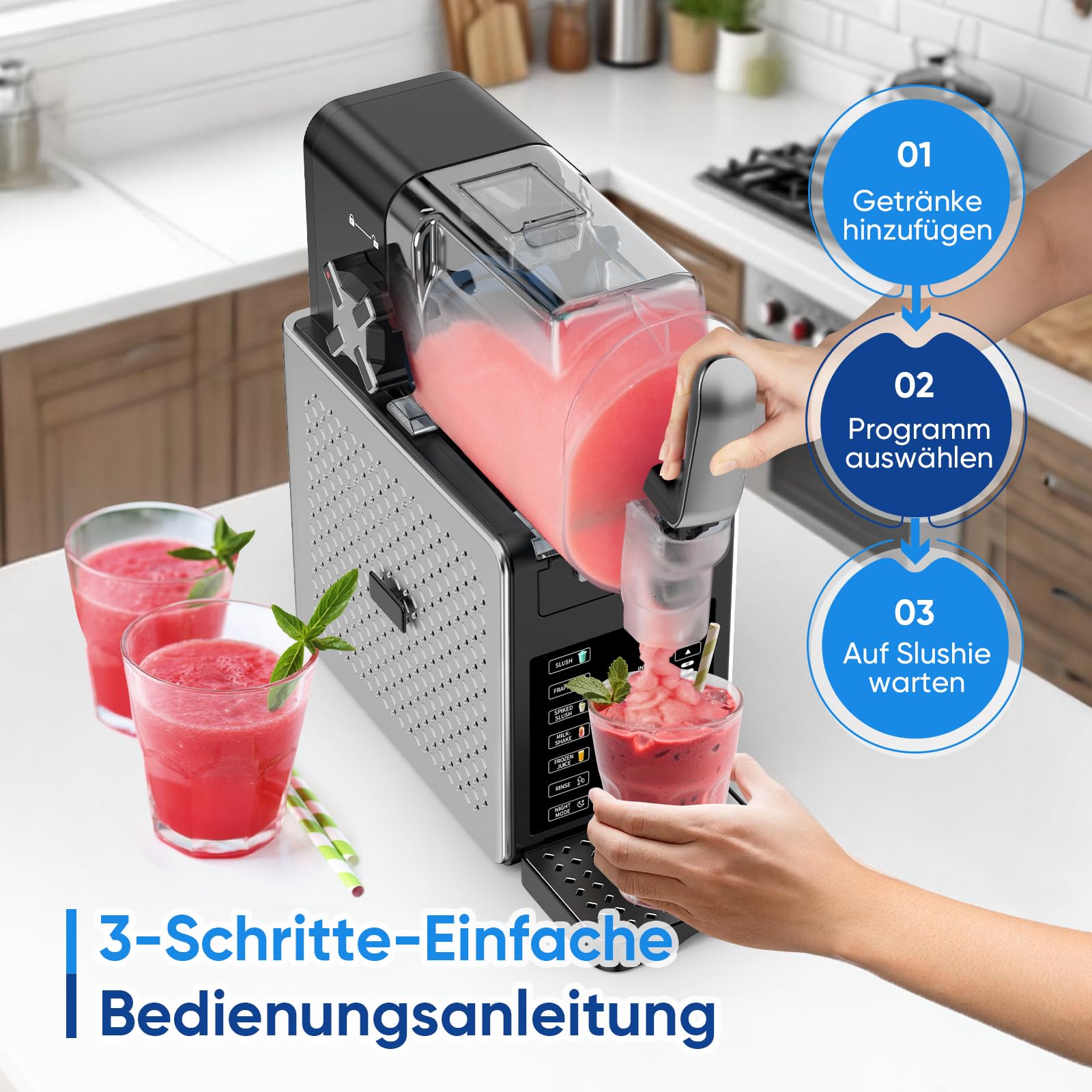 Slush Maschine – 2,5 L Eismaschine & Slushie Maschine für Zuhause, mit LED-Display, 6 voreingestellten Programmen für Eiscreme, Frappés, Milchshakes, automatischer Reinigung
