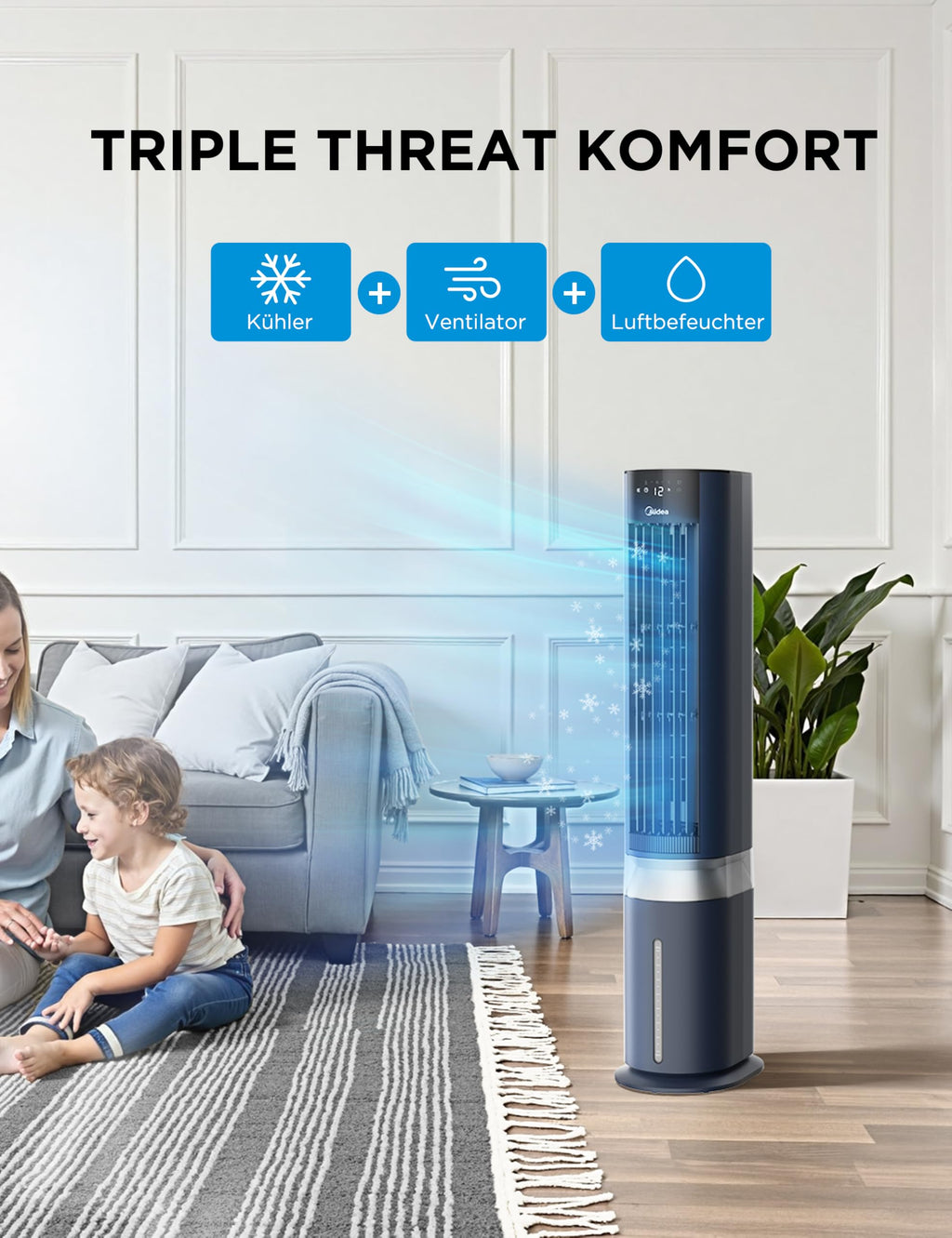 Midea MCF23XRB(WH) Luftkühler, Klimaanlage mobil, 2000m³/h Luftstrom, Sensicool Smart Temp, Ionisator, 6 Geschwindigkeiten, 5 Modi, 12-Stunden-Timer, Touch-Display, 7L Wassertank, Weiß