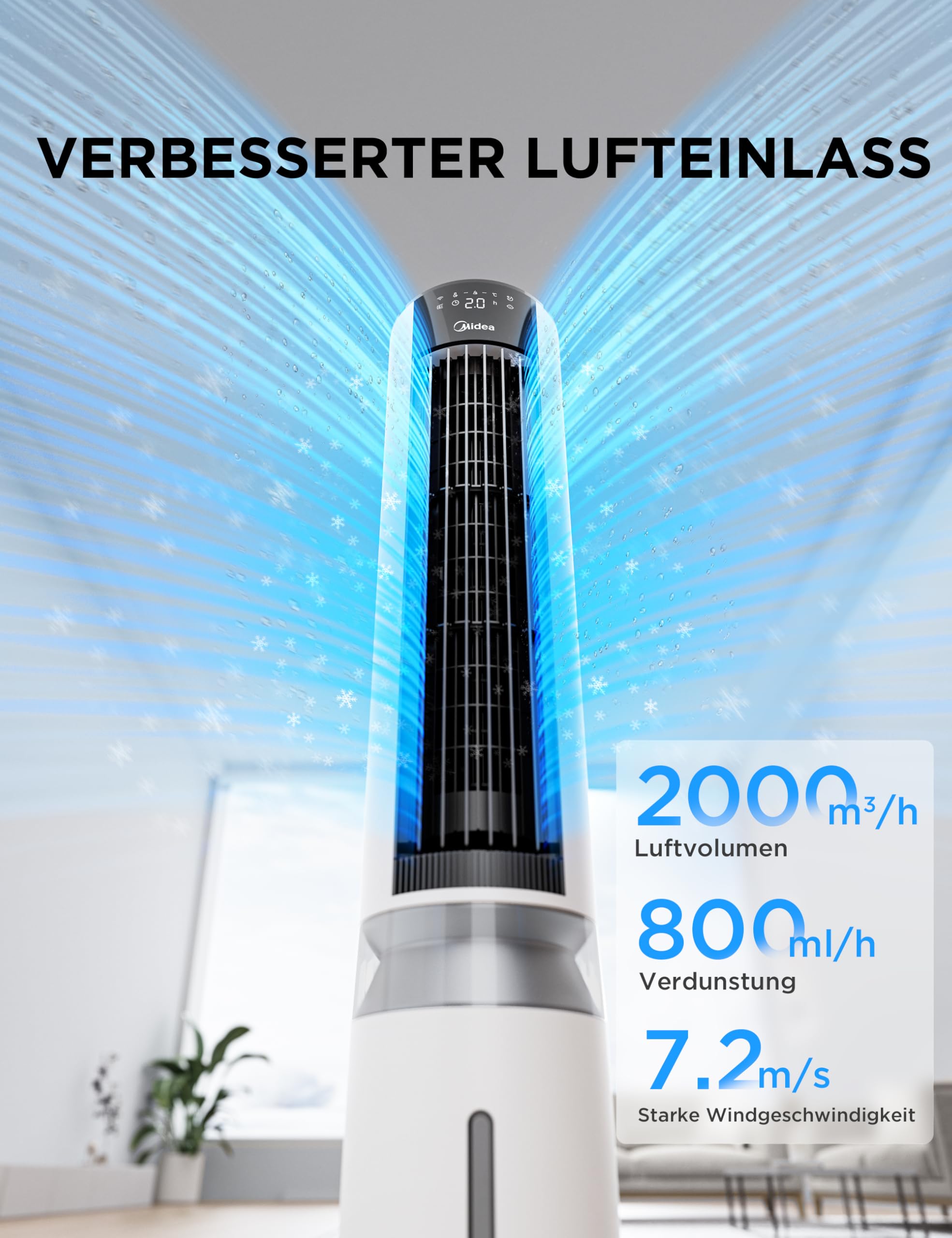 Midea MCF23XRB(WH) Luftkühler, Klimaanlage mobil, 2000m³/h Luftstrom, Sensicool Smart Temp, Ionisator, 6 Geschwindigkeiten, 5 Modi, 12-Stunden-Timer, Touch-Display, 7L Wassertank, Weiß