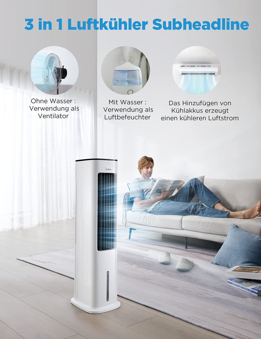 Midea MCF23XRB(WH) Luftkühler, Klimaanlage mobil, 2000m³/h Luftstrom, Sensicool Smart Temp, Ionisator, 6 Geschwindigkeiten, 5 Modi, 12-Stunden-Timer, Touch-Display, 7L Wassertank, Weiß