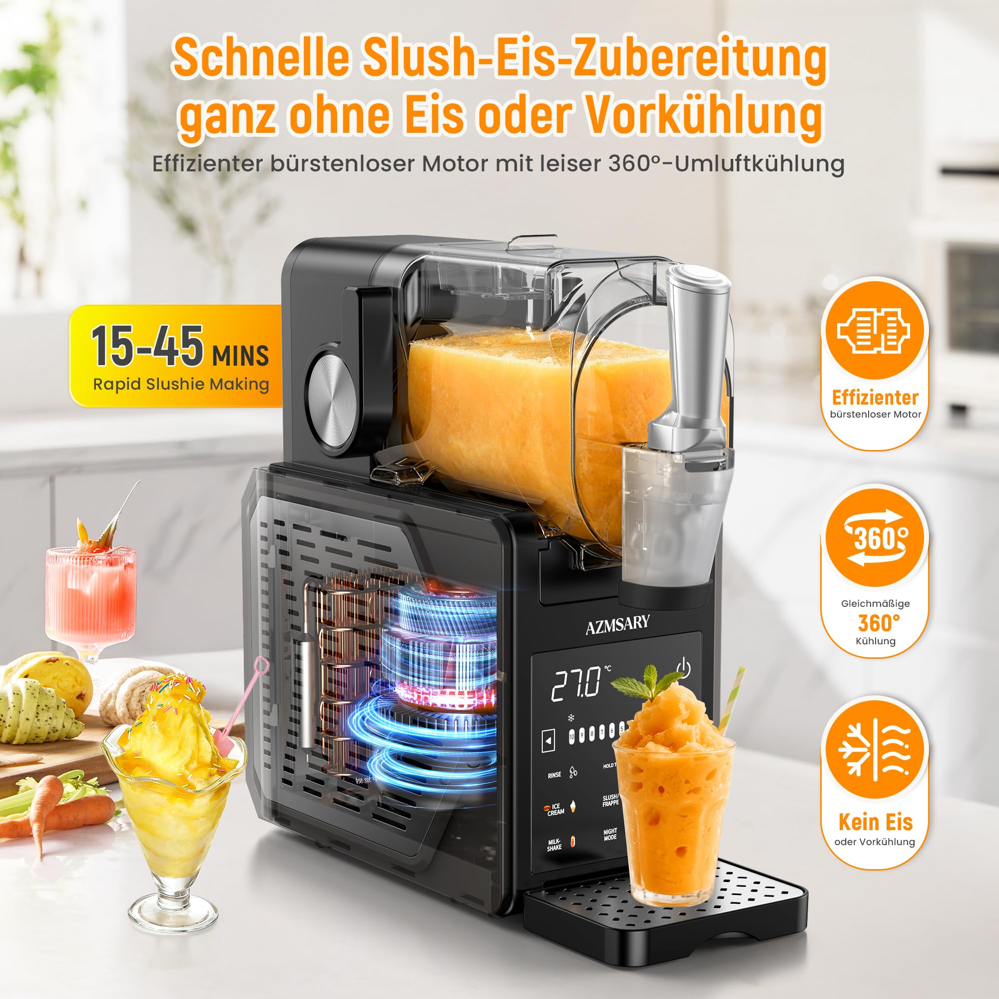 Slush Maschine – 2,5 L Eismaschine & Slushie Maschine für Zuhause, mit LED-Display, 6 voreingestellten Programmen für Eiscreme, Frappés, Milchshakes, automatischer Reinigung
