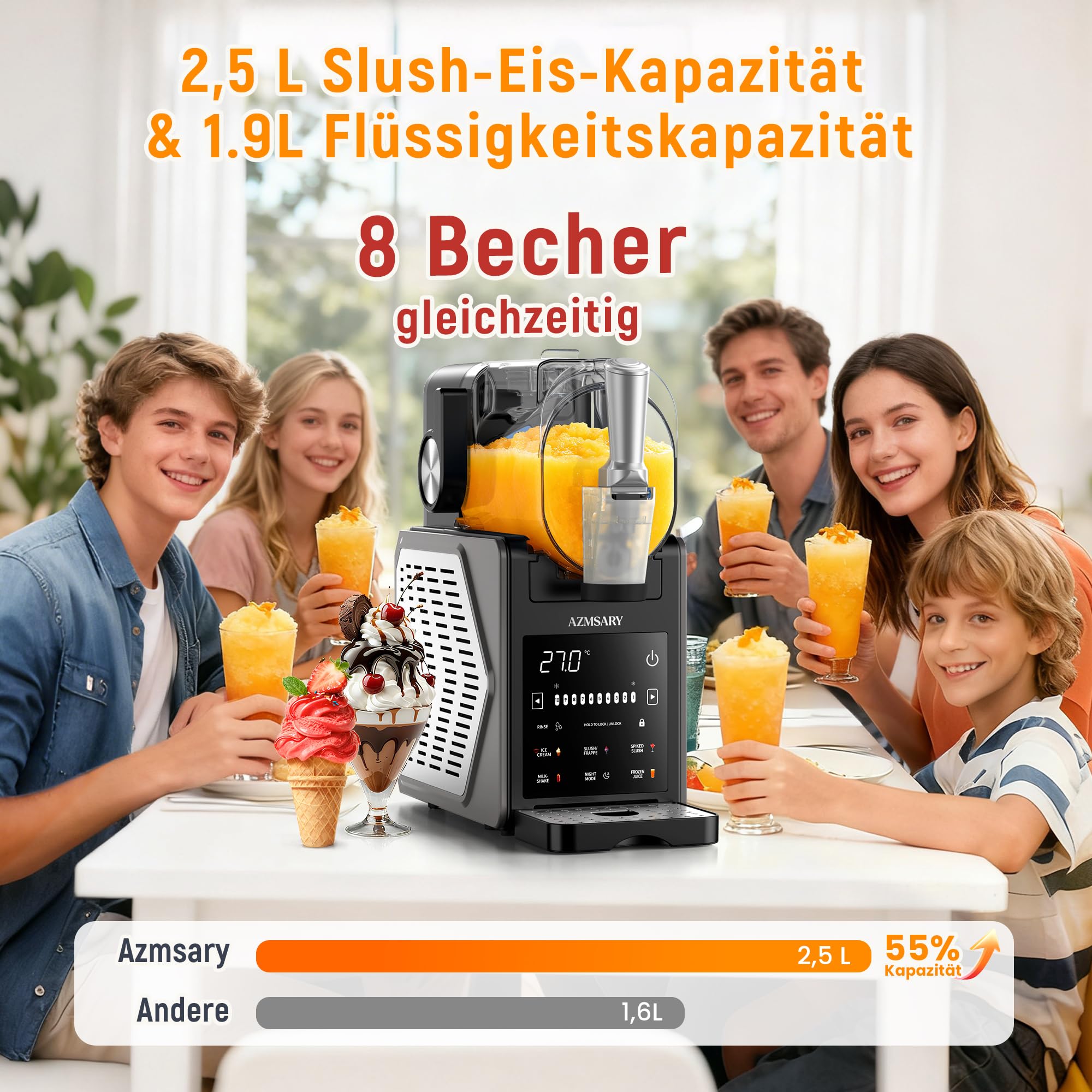 Slush Maschine – 2,5 L Eismaschine & Slushie Maschine für Zuhause, mit LED-Display, 6 voreingestellten Programmen für Eiscreme, Frappés, Milchshakes, automatischer Reinigung