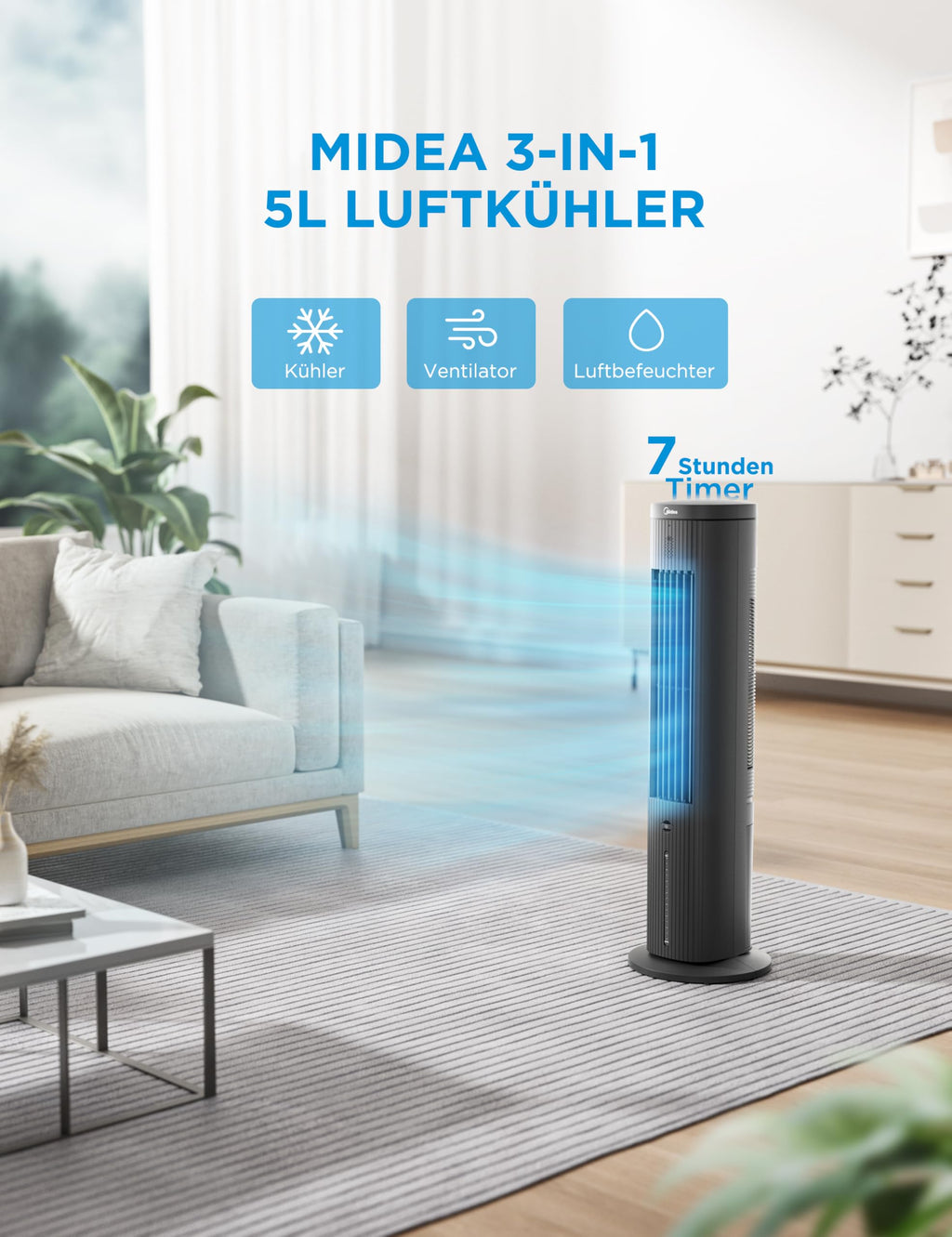 Midea MCF23XRB(WH) Luftkühler, Klimaanlage mobil, 2000m³/h Luftstrom, Sensicool Smart Temp, Ionisator, 6 Geschwindigkeiten, 5 Modi, 12-Stunden-Timer, Touch-Display, 7L Wassertank, Weiß