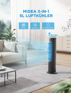 Midea MCF23XRB(WH) Luftkühler, Klimaanlage mobil, 2000m³/h Luftstrom, Sensicool Smart Temp, Ionisator, 6 Geschwindigkeiten, 5 Modi, 12-Stunden-Timer, Touch-Display, 7L Wassertank, Weiß