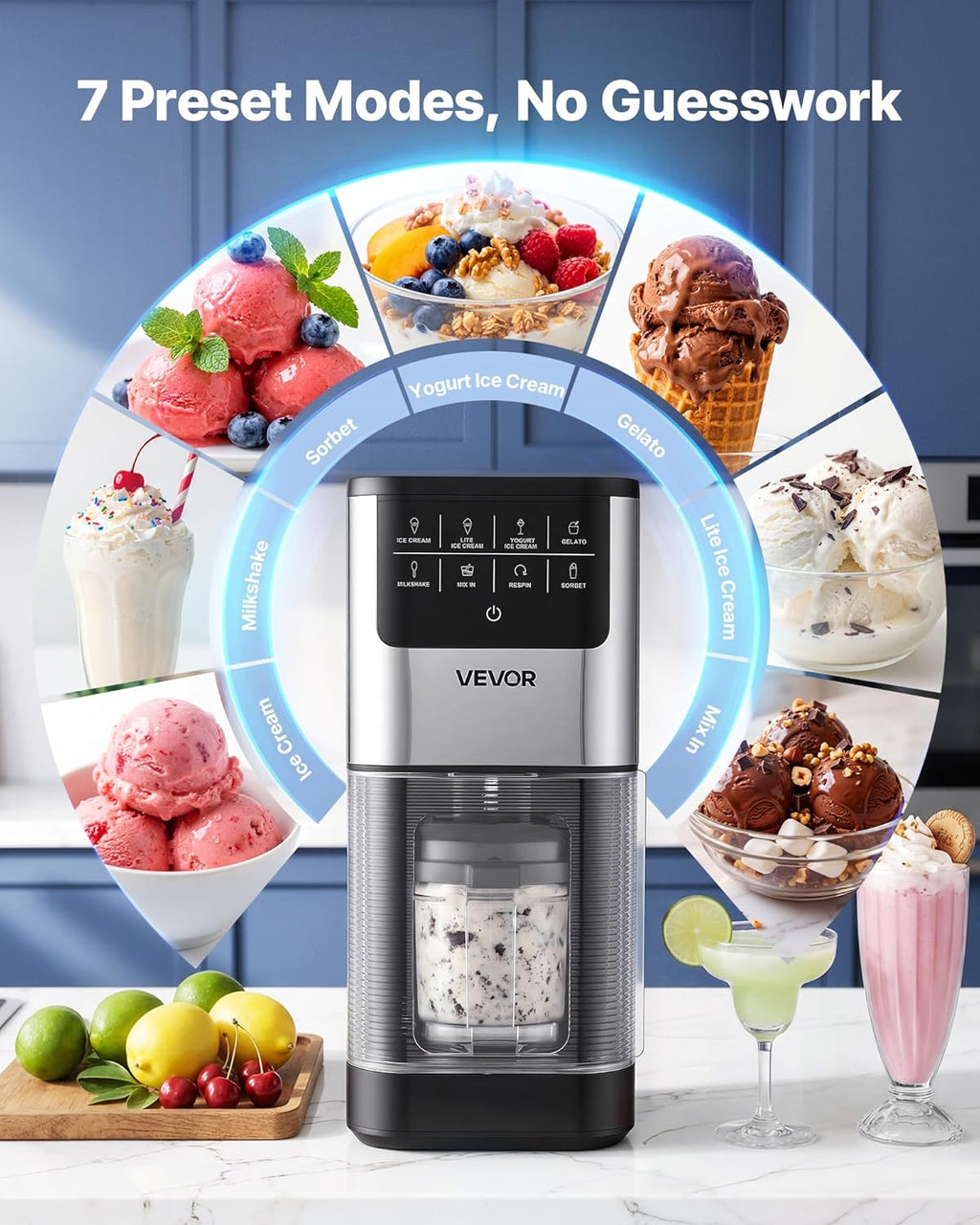 VEVOR Eismaschine, 7-in-1-Gerät für Gelato, Sorbet, Milchshake, Frozen Yogurt & Light-Eiscreme, Hausgemachte Eismaschine mit Ein-Knopf-Funktion zum Einrühren und Nachdrehen, Glatte Cremige Textur