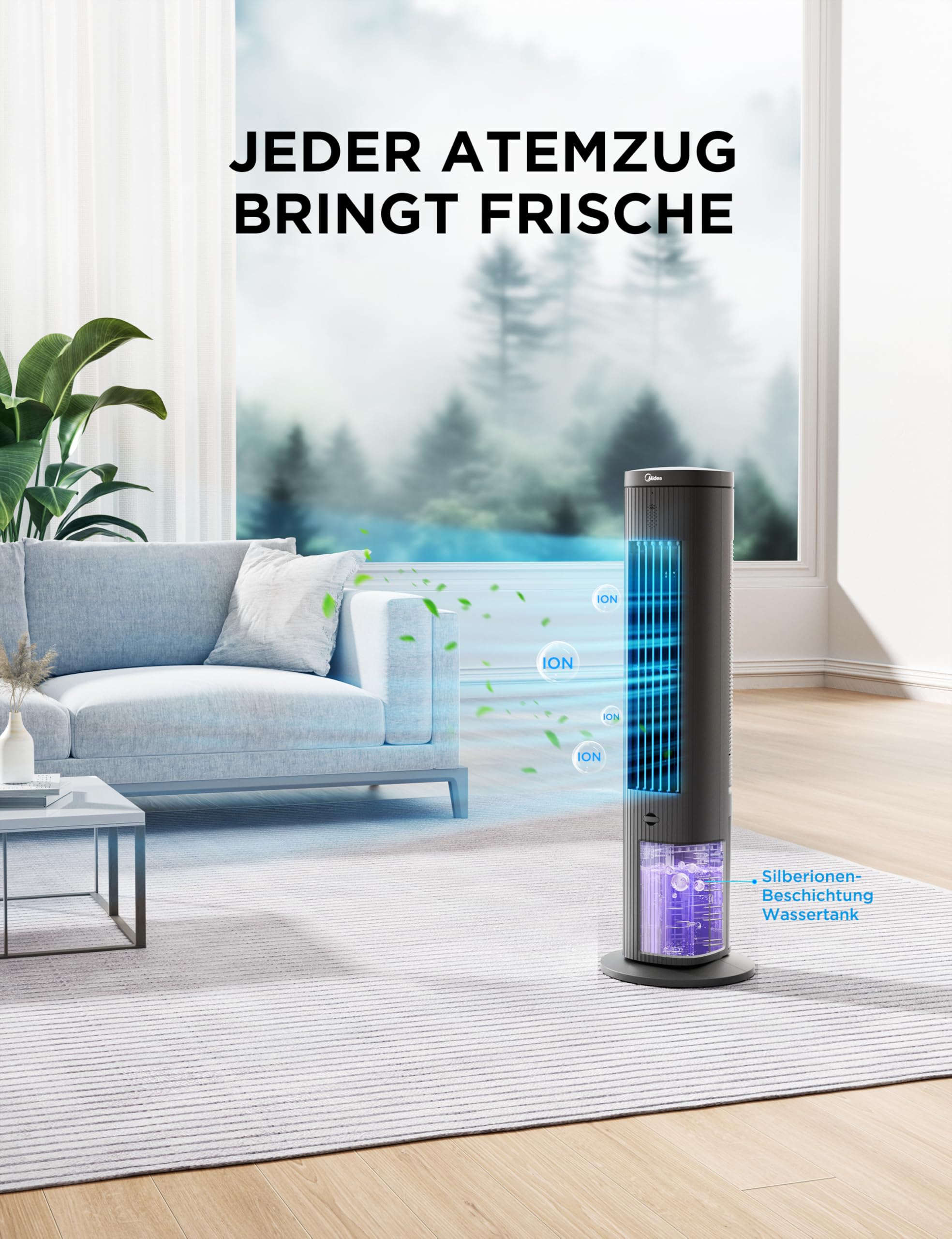 Midea MCF23XRB(WH) Luftkühler, Klimaanlage mobil, 2000m³/h Luftstrom, Sensicool Smart Temp, Ionisator, 6 Geschwindigkeiten, 5 Modi, 12-Stunden-Timer, Touch-Display, 7L Wassertank, Weiß