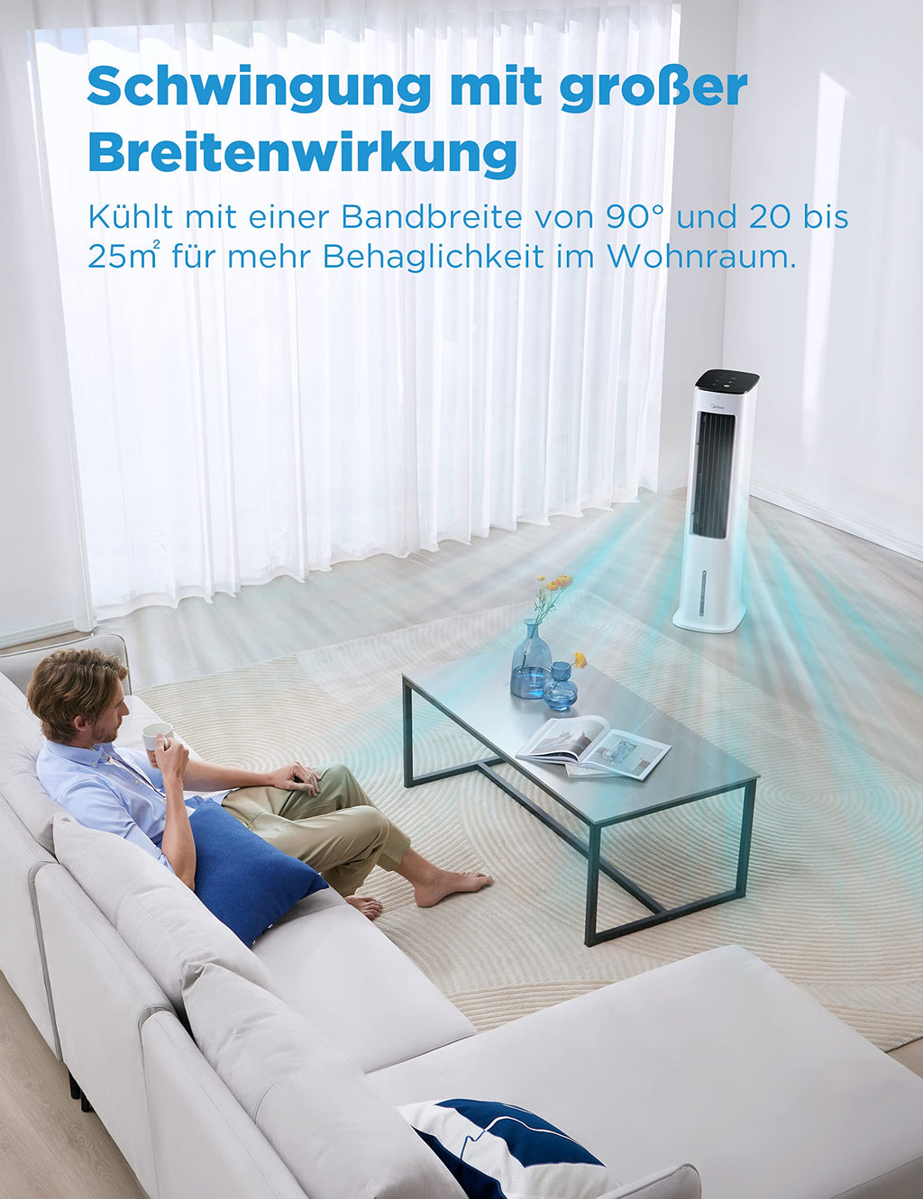 Midea MCF23XRB(WH) Luftkühler, Klimaanlage mobil, 2000m³/h Luftstrom, Sensicool Smart Temp, Ionisator, 6 Geschwindigkeiten, 5 Modi, 12-Stunden-Timer, Touch-Display, 7L Wassertank, Weiß