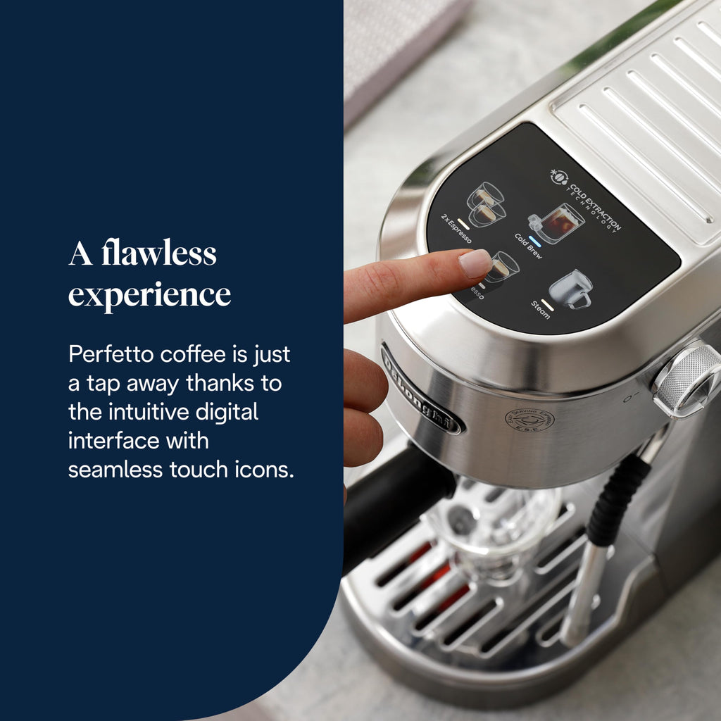 De'Longhi Dedica Duo - Perfetto Kompakte Siebträgermaschine Espressomaschine mit Soft-Touch-Icons, manuellem Milchaufschäumer für Espresso, Cappuccino und Cold Brew, 15cm breit, Metall (EC890.M)